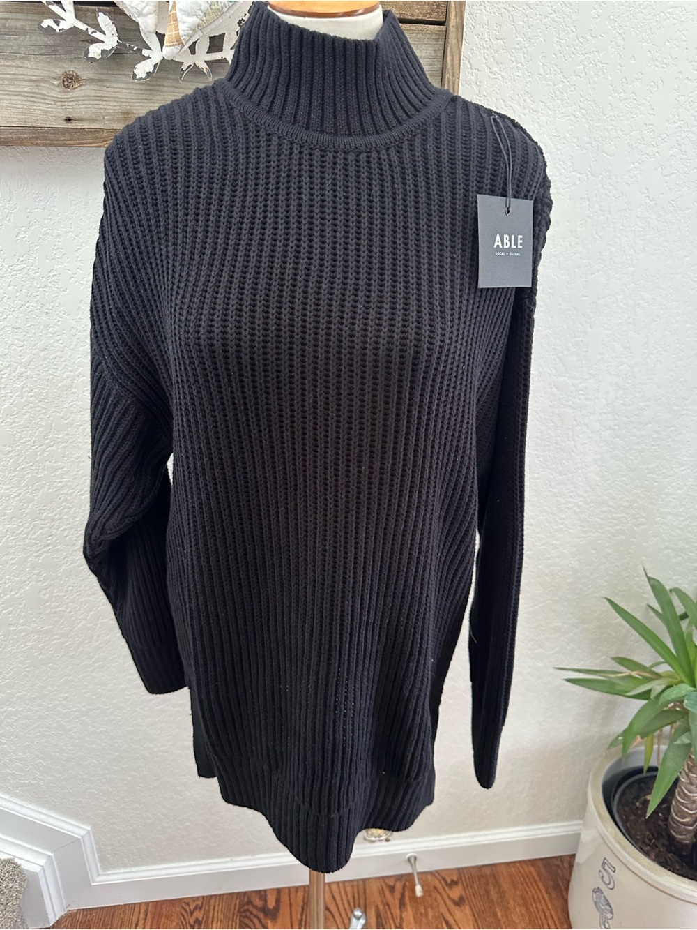 Able Rose relaxed mock neck ribbed chunky knit organic cotton sweater black NWT
